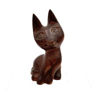 Vintage Carved Dark Wood Cat Statue Mid Century Modern Retro